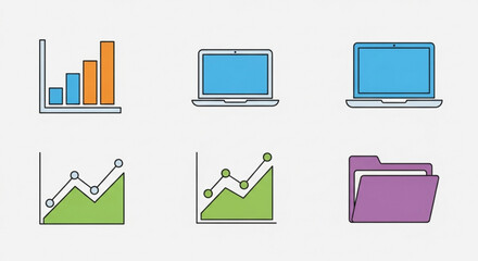 Obraz premium Collection of six simple flat icons representing business analytics data charts laptops and a folder for digital information and financial reporting