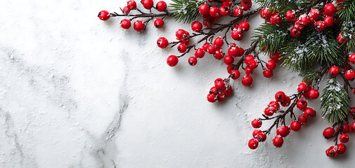 Festive christmas holly branches with red berries and snow on a white marble background