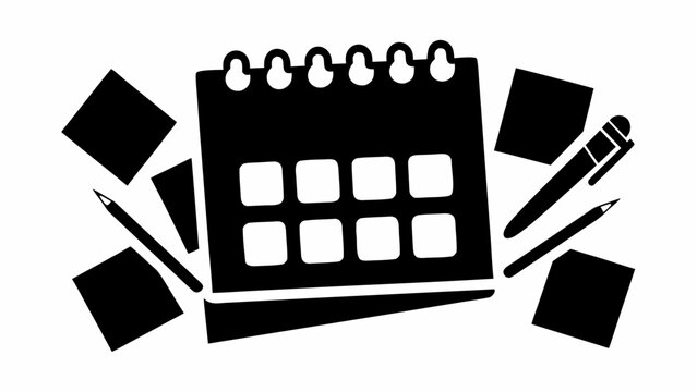 Illustration of a calendar with memo notes and writing tools such as a pen and pencil on a white background