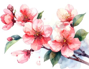 Watercolor illustration of pink blossoms on a branch