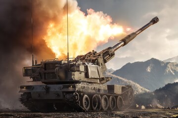 Self-Propelled Howitzer Firing with Smoke Explosion