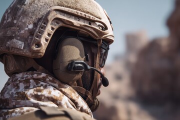 Soldier in Digital Camo with Radio Headset on Patrol