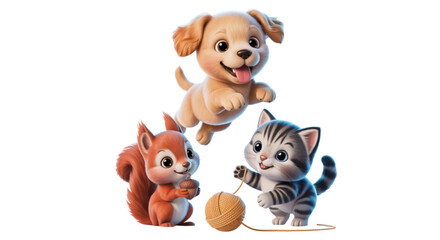Obraz premium Adorable cartoon dog cat and squirrel playing together with a ball on a white background