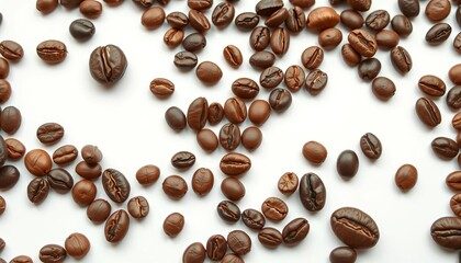 A diverse collection of coffee beans, isolated on a pure white background, grains, close-up