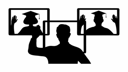 Silhouette of person raising hand with two graduates on screens in a virtual celebration setting