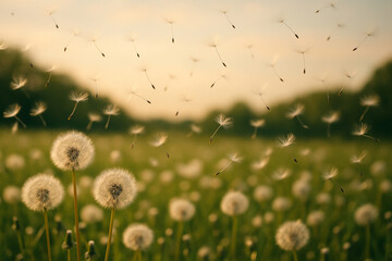 Dandelion seed flying in breeze over green field at sunset, creating peaceful and natural scene with soft warm light and gentle movement