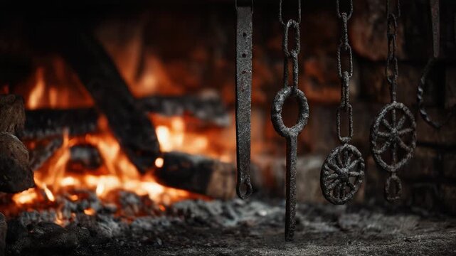 Crafting Tools and Techniques: A Close-Up of Unique Metalwork Hanging by the Warm Glow of an Ember-Filled Forge, Showcasing Artisan Skill and Tradition.