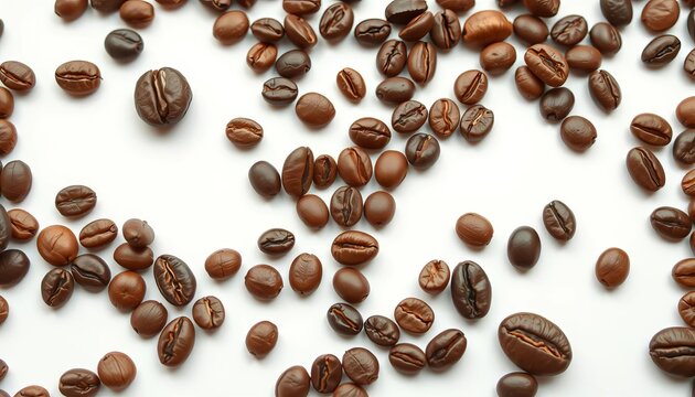 A diverse collection of coffee beans, isolated on a pure white background,  grains,  close-up