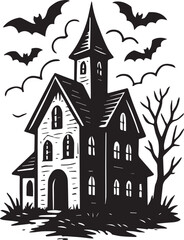 A captivating Halloween illustration depicts a foreboding haunted house silhouetted against a spooky sky, inviting a sense of mystery and thrill.