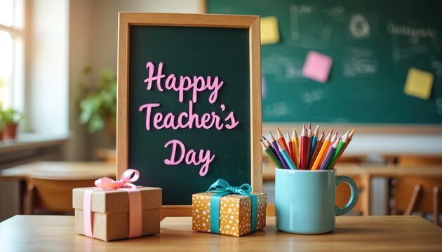 Classroom celebrating Happy Teacher Day with gifts, colorful pencils. Chalkboard with Happy Teacher Day message on desk. Gift boxes, mug with pencils on wooden table. Teacher appreciation day decor.