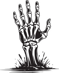 A monochrome illustration of a skeletal hand rising from the ground, a visual representation of death.