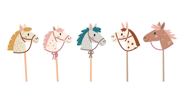 Set of cute hand drawn horses.  Cute cartoon horse on a stick. Vector illustration in cartoon style.