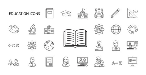 Education Line Icons Set. Vector illustration in modern thin line style of learning tools, academic roles, and school-related concepts. Isolated on transparent background.