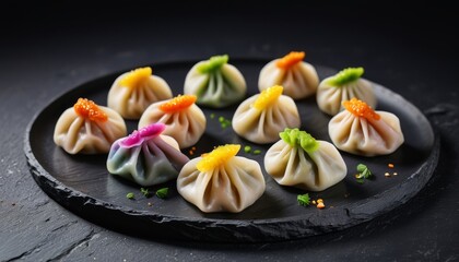 High-End Food Photography of Rainbow Dumplings on Black Slate Plate