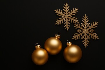 Elegant Golden Christmas Baubles and Snowflakes on Black Background, Luxury Festive Concept