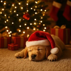 Golden Retriever Puppy Wearing Santa Hat Sleeping under Christmas Tree Lights