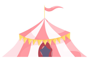 Circus tent isolated. A classic circus tent with red and white stripes, topped with a small red flag. Design of a traditional circus environment.