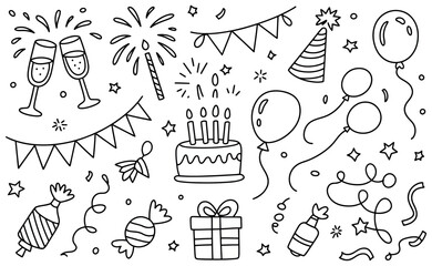Happy birthday celebration elements doodle art festive party symbols scattered fun