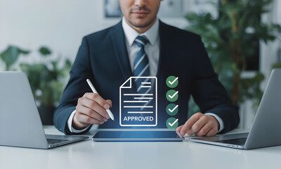Professional approves digital documents using tablet in modern office setting