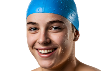 Close-up of a smiling young man wearing a blue swim cap. Isolated on transparent background, png