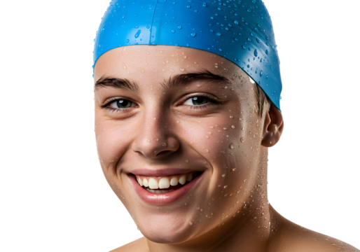 Close-up of a smiling young man wearing a blue swim cap. Isolated on transparent background, png