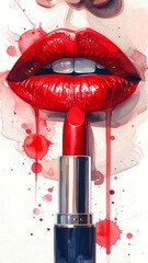 Watercolor illustration of red lipstick and lips with splashes