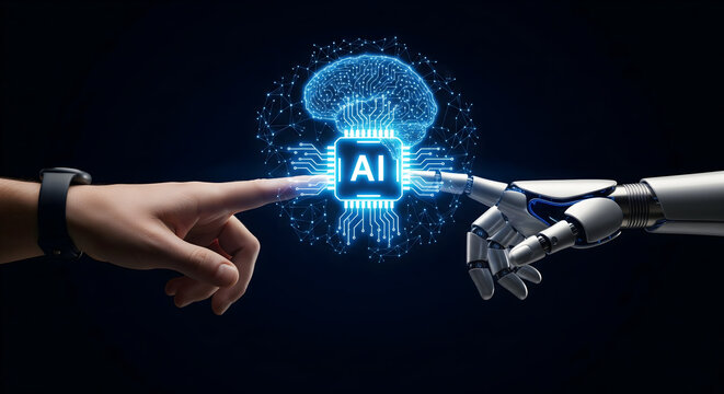 Human and robot hands connecting with futuristic AI brain interface concept