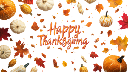 Happy thanksgiving text surrounded by pumpkins and autumn leaves isolated on transparent background