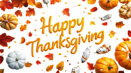 Happy thanksgiving text with pumpkins and autumn leaves isolated on transparent background