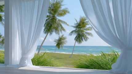 Tropical ocean view through white sheer curtains