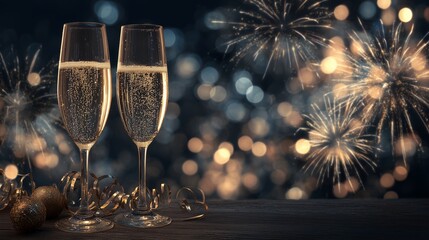 ニューイヤー、花火とシャンパンのイメージ
