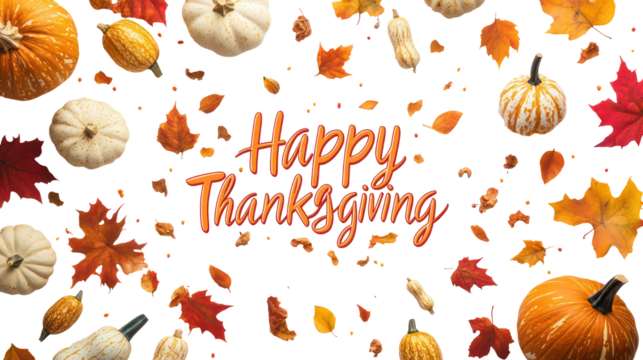 Happy thanksgiving text surrounded by pumpkins and autumn leaves isolated on transparent background