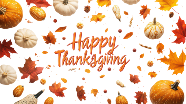 Happy thanksgiving text with pumpkins and autumn leaves isolated on transparent background
