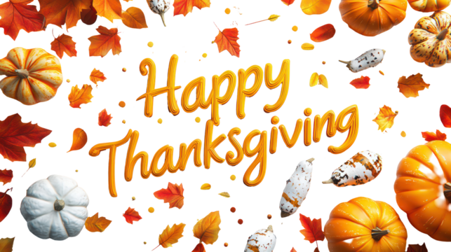 Happy thanksgiving text with pumpkins and autumn leaves isolated on transparent background
