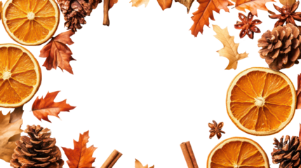 Autumnal wreath with dried oranges pinecones and leaves isolated on transparent background