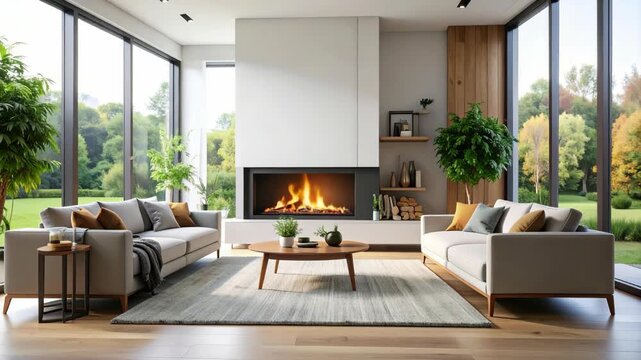 Serene modern living room with fireplace, sofas, trees and outdoor view creates a cozy and upscale residential atmosphere.