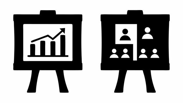 Two presentation boards displaying a bar graph with an upward trend and an organizational chart layout