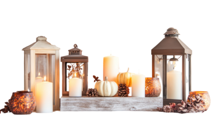 Collection of autumn lanterns and candles isolated on transparent background