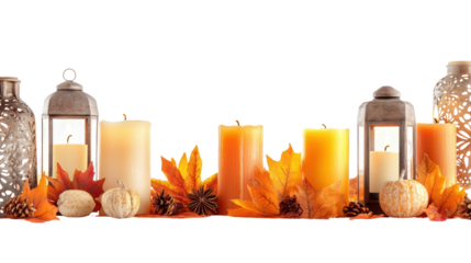 Autumnal candle display with lanterns and fall leaves isolated on transparent background