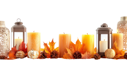Autumnal decorative arrangement with candles and lanterns isolated on transparent background
