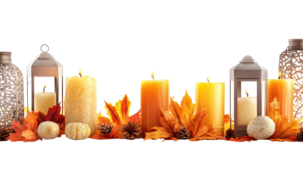 Autumnal candle display with fall leaves and decorative orbs isolated on transparent background
