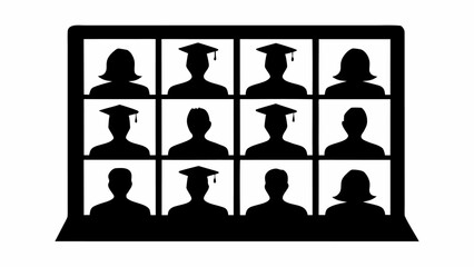 Silhouette illustration of a virtual graduation ceremony on a laptop screen with twelve participants