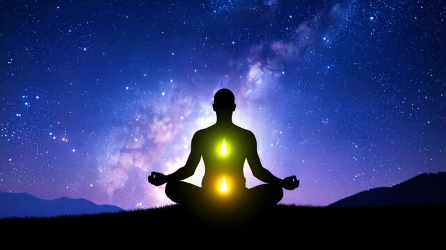 Silhouette of a person in lotus position meditating with glowing energy points against a starry night sky and mountain background.