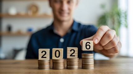 Man s hand places wooden block with number 6 on stack of coins completing the year 2026 concept