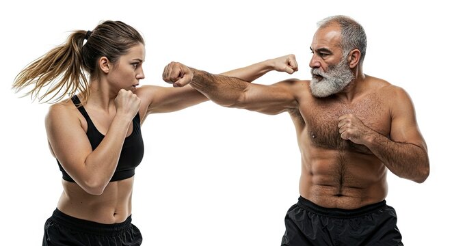 Woman and older man in boxing stances arms extended face each other White background