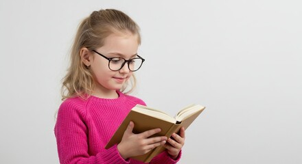 Young girl with glasses pink sweater reads open book against a neutral background