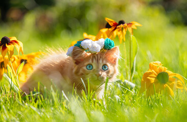 A kitten outdoors in summer. Portrait of a cute, funny kitten wearing a wreath. The kitten sits on the grass in summer