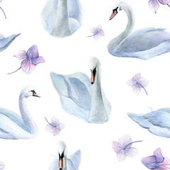 Watercolor seamless pattern with swans. Good for postcards, wallpaper, invitations, greeting cards and textiles. © Daria