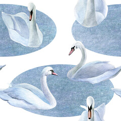 Watercolor seamless pattern with swans swimming in a pond. Good for postcards, wallpaper, invitations, greeting cards and textiles. © Daria