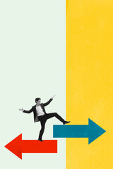 Obraz premium Modern composition. Businessman balancing between red and blue arrows symbolizing decisions. Concept of management, coaching, and leadership under pressure in professional development context.